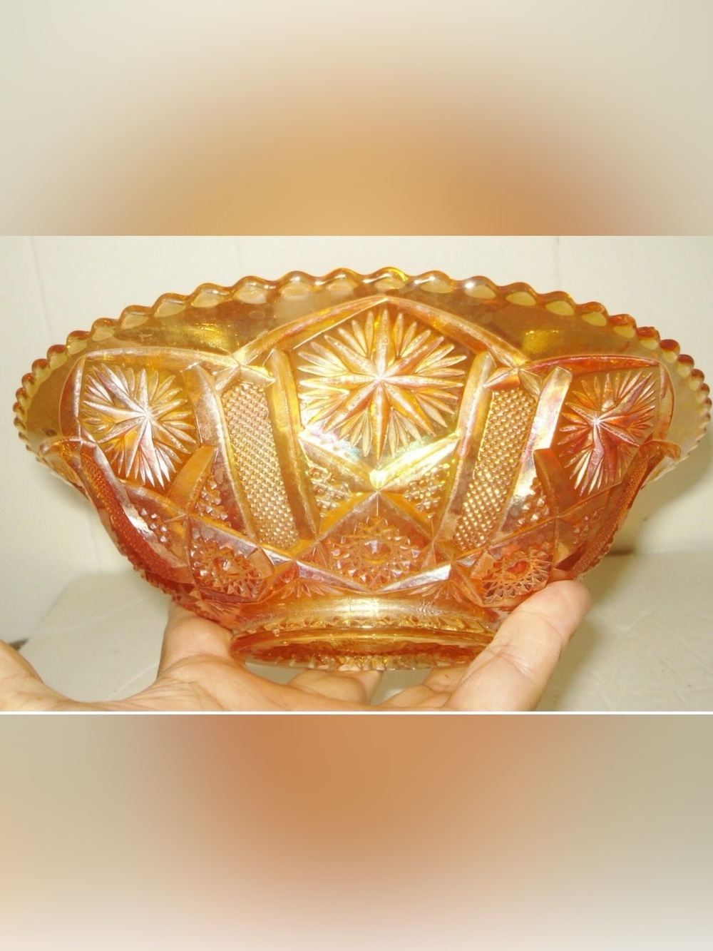Carnival Glass Decorative Bowl in Amber Iridescent Orange - Home Art
